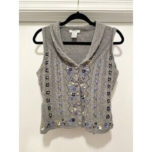 Vintage Cottage Core Grandma Grey Sweater Vest Floral Embroidery Fairy Sz Small